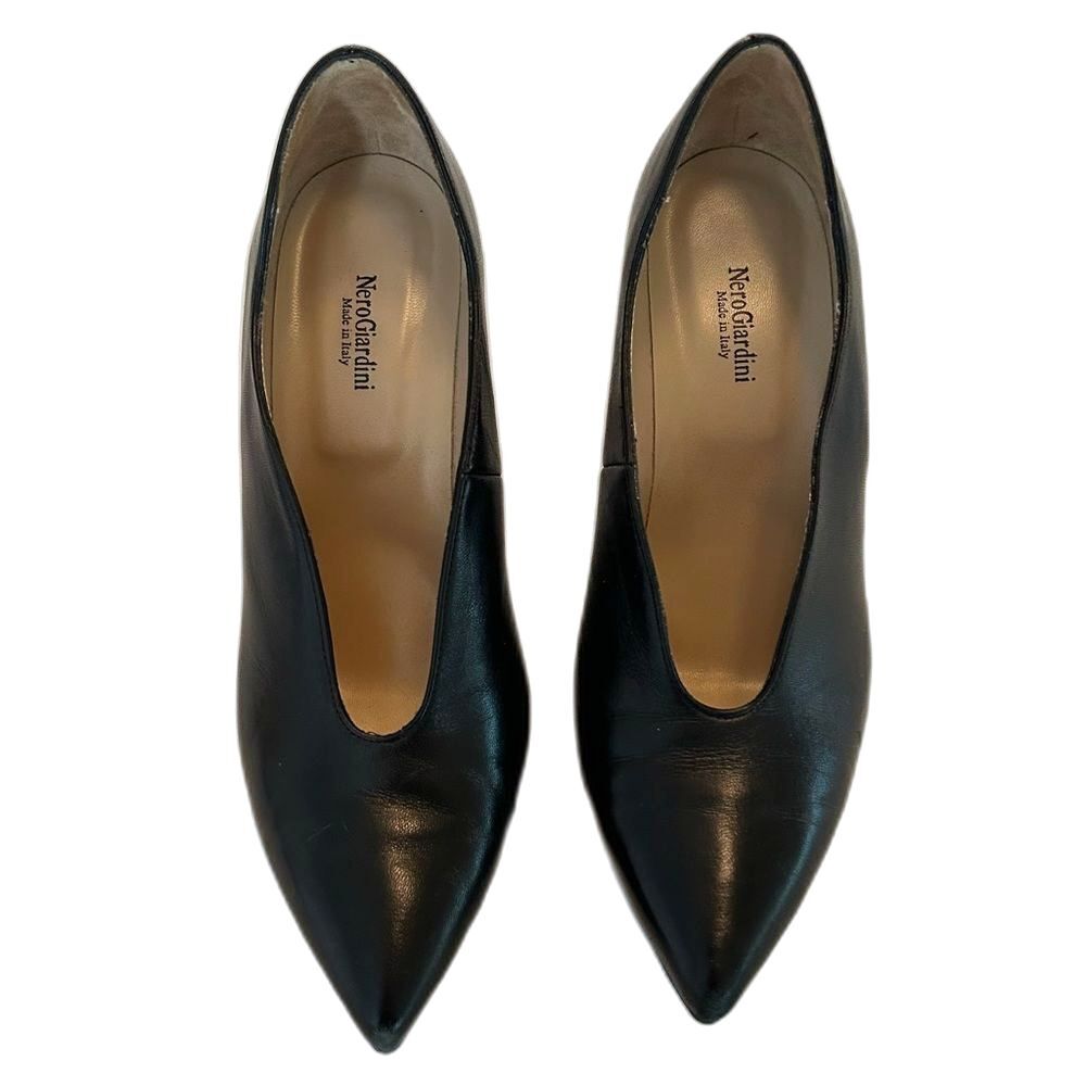 NeroGiardini Black Leather Pointed Toe Stiletto Pumps - Picture 3 of 8